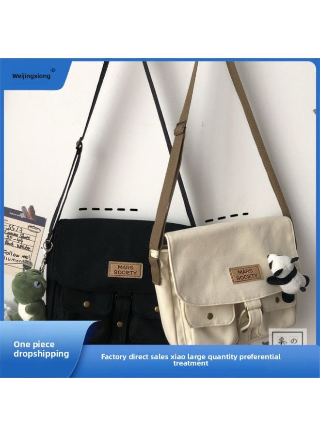 Backpack Female South Korea Ins Student Large Capacity Shoulder Messenger Bag Men's Japanese Harajuku Retro Tooling Messenger Bag Fashion-Color:Beige High Quality Canvas, Bag + Dull Dragon - Image 2